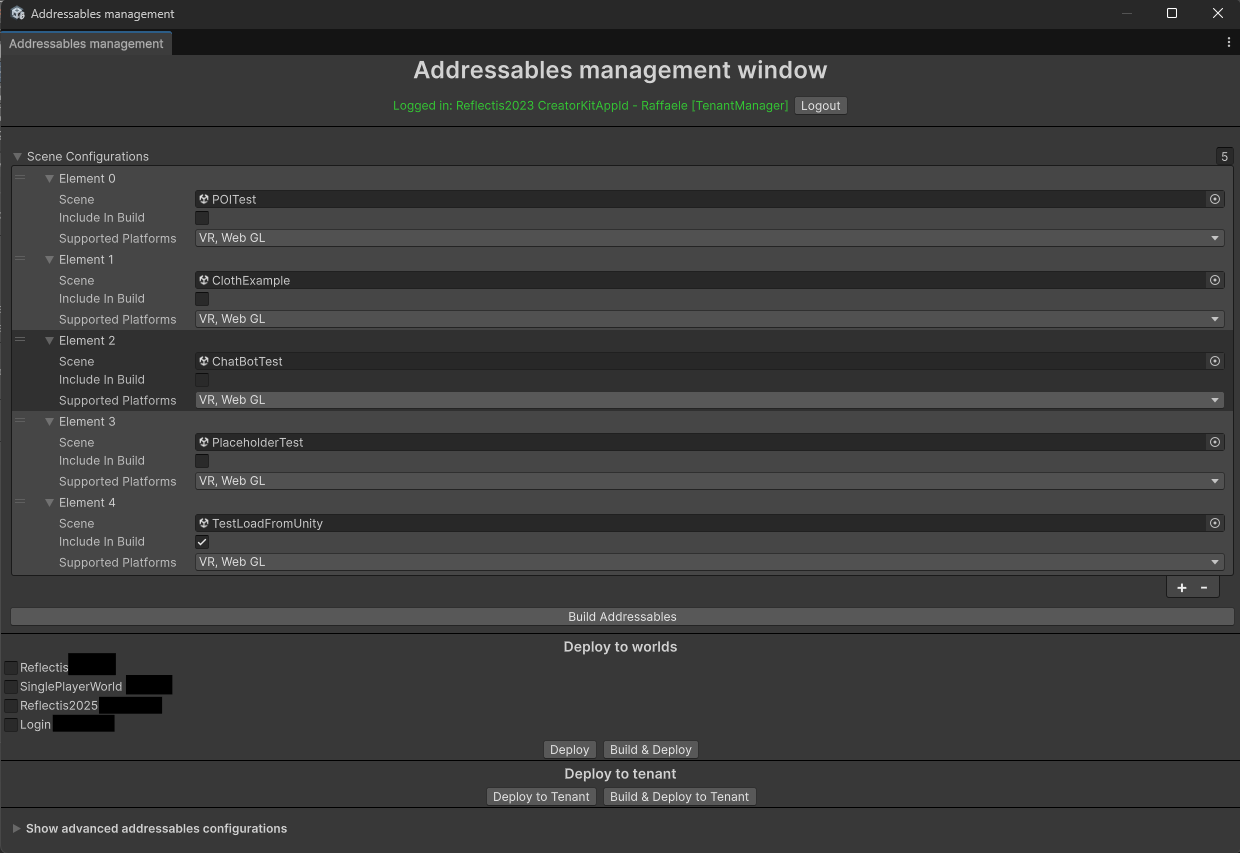 Addressables management window after login