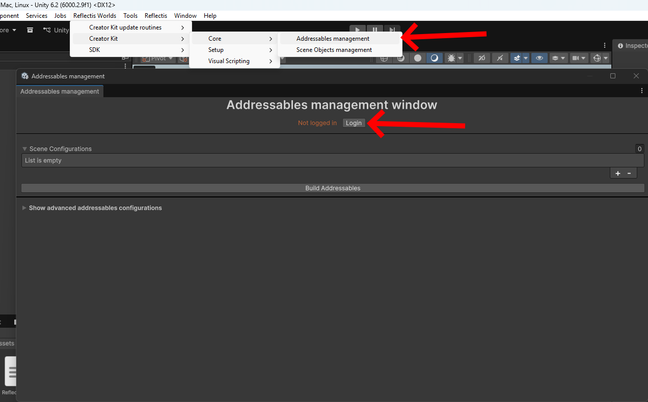 Open the Addressables management window and click Login