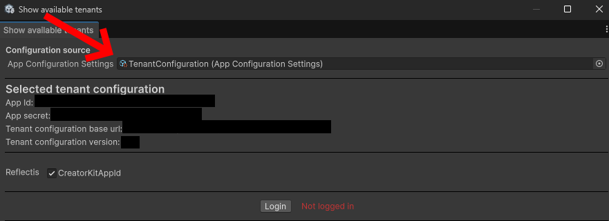 Show available tenants window with the Configuration source field